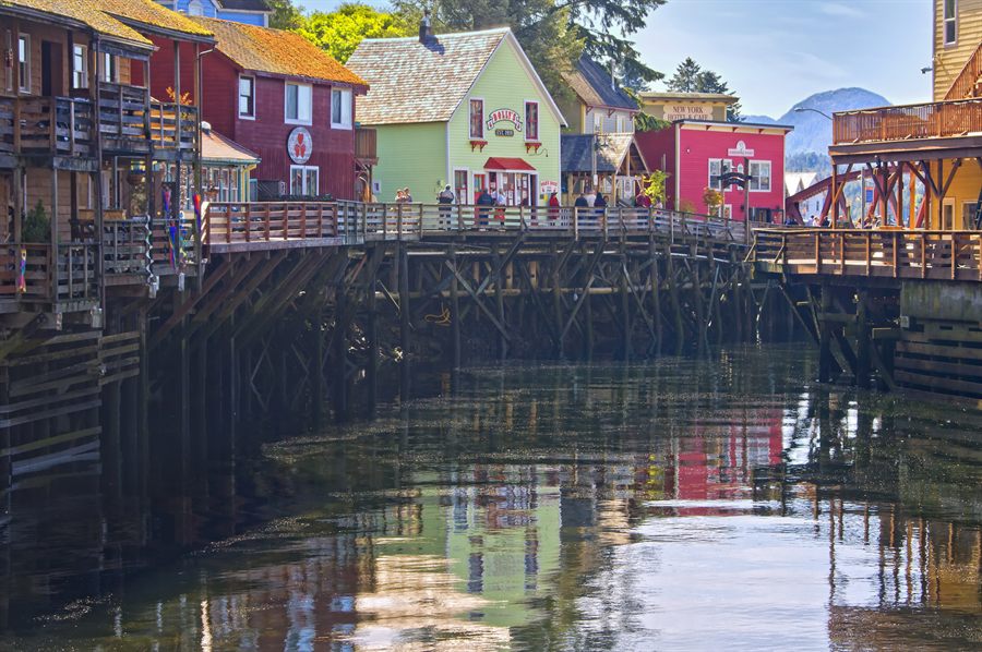 Colorful buildings on stilts in an Alaska port